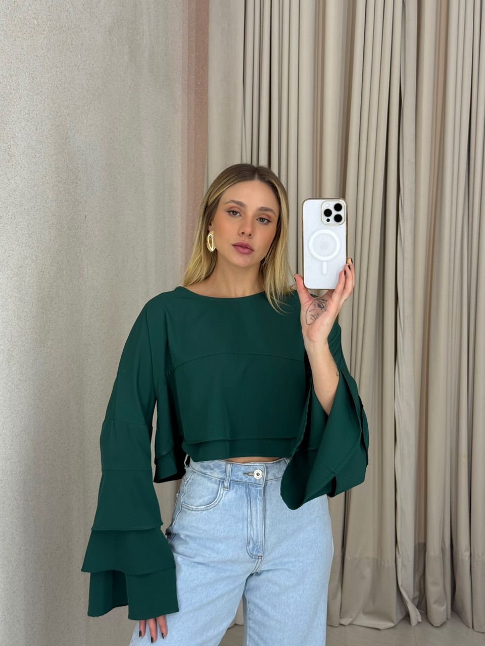 BLUSA JANAINA MANGA BABADO VERDE