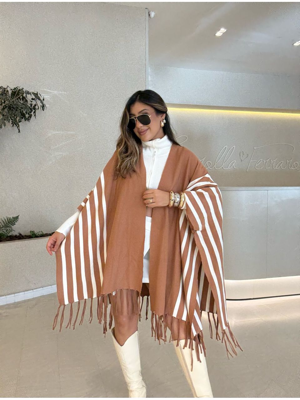 KIMONO ESTER LISTRADO NUDE - 0066570049 - CAROLLA FERRARO