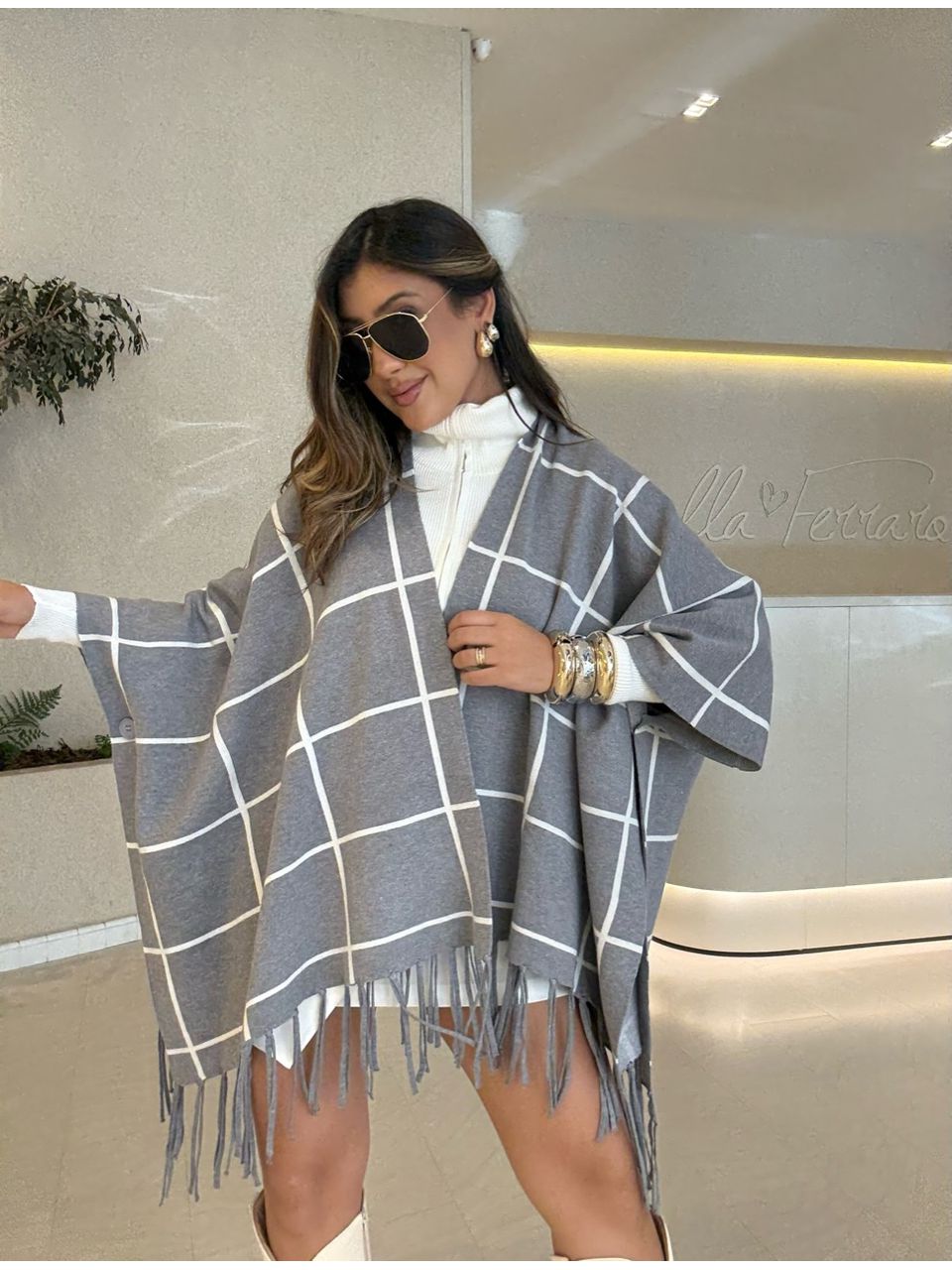 KIMONO MARCELA XADREZ CINZA - 0066580091 - CAROLLA FERRARO