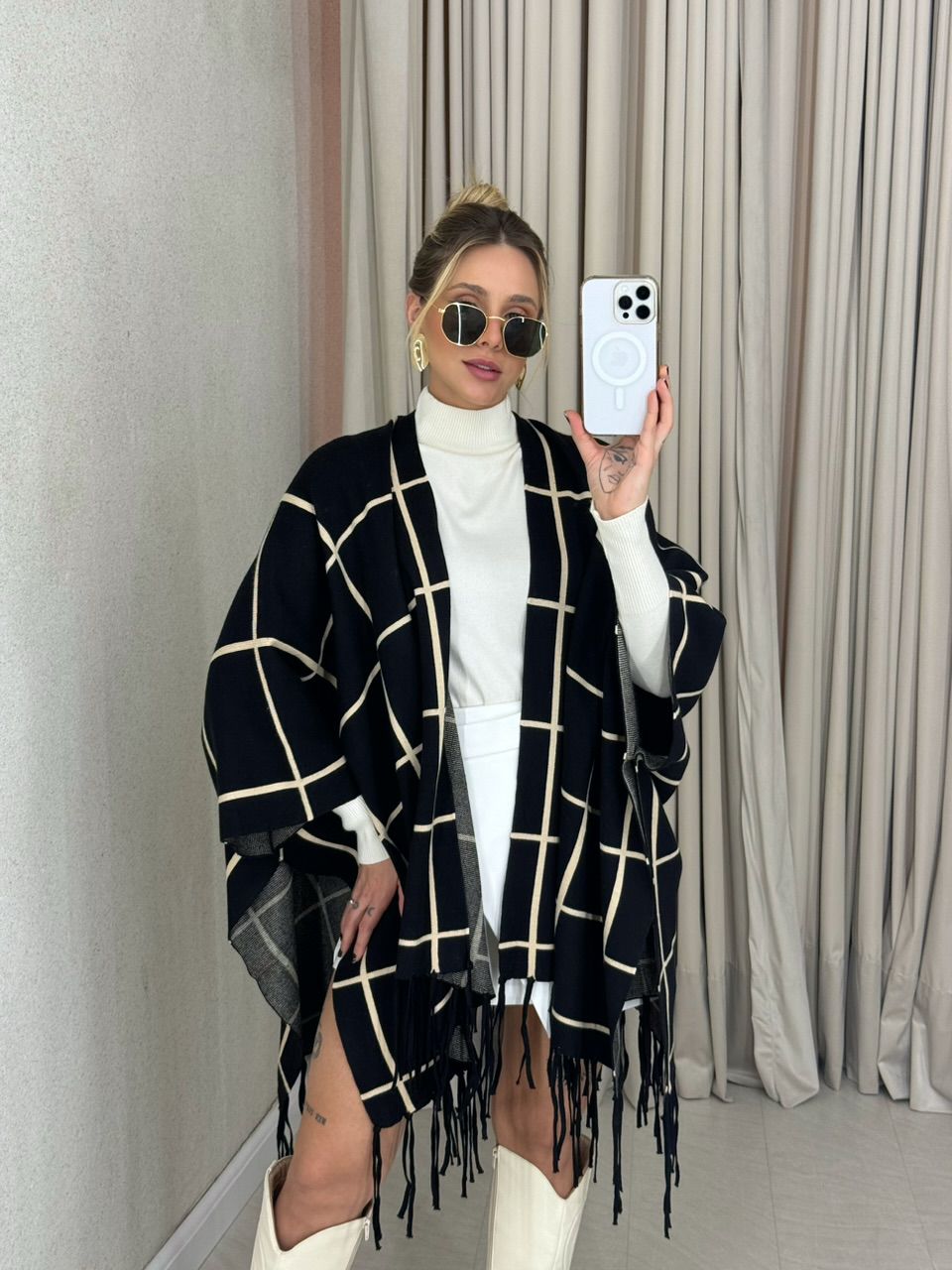 KIMONO MARCELA XADREZ PRETO/AREIA