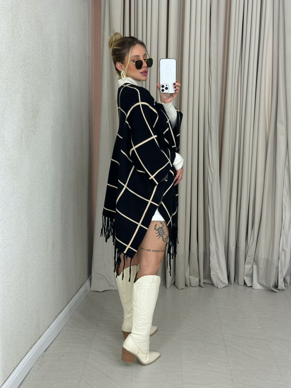 KIMONO MARCELA XADREZ PRETO/AREIA