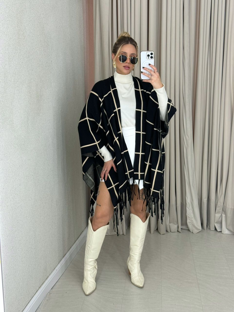 KIMONO MARCELA XADREZ PRETO/AREIA