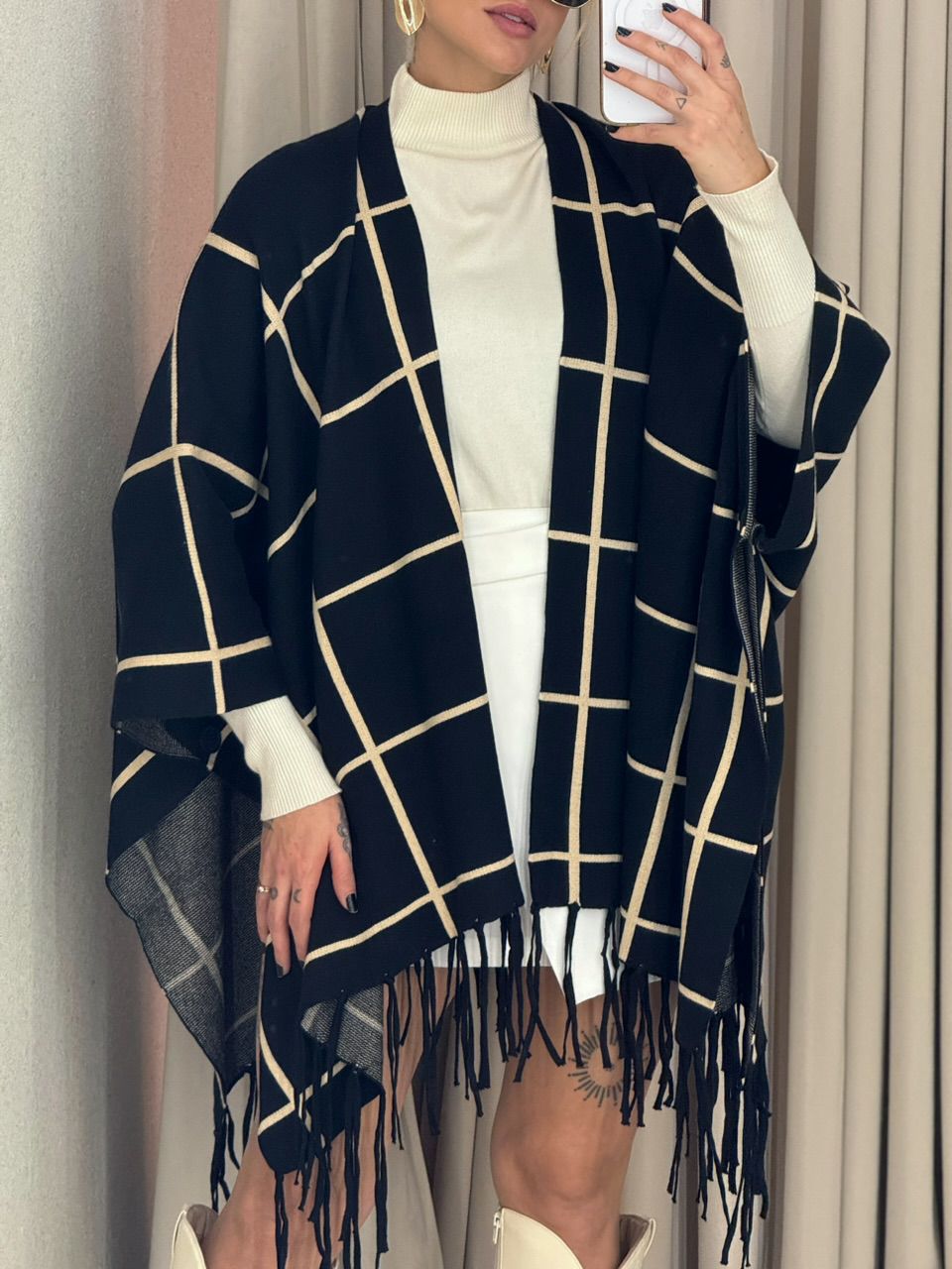 KIMONO MARCELA XADREZ PRETO/AREIA