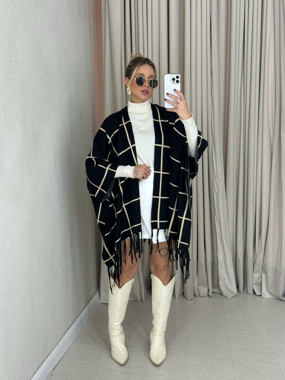 KIMONO MARCELA XADREZ PRETO/AREIA