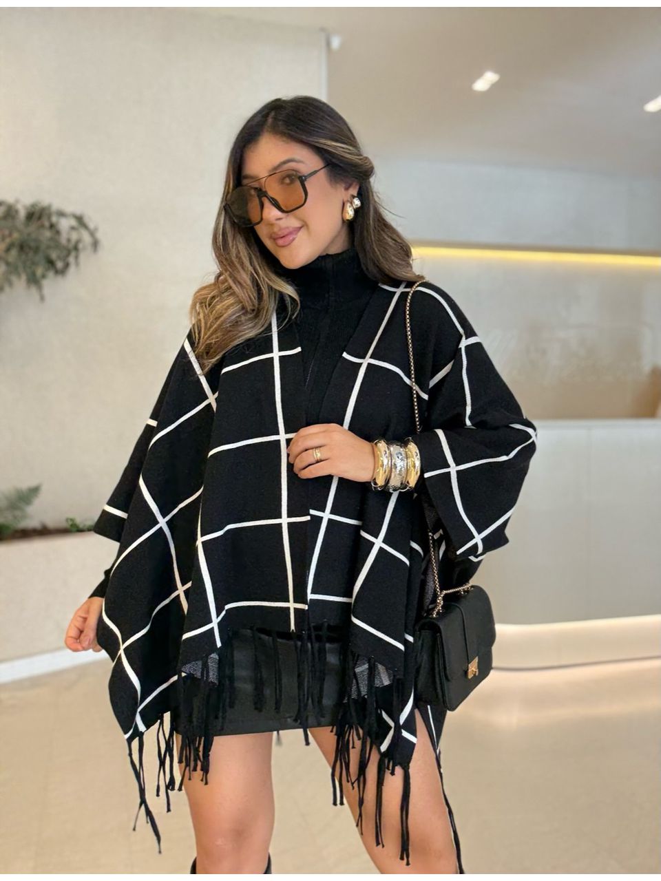 KIMONO MARCELA XADREZ PRETO/OFF - 0066580256 - CAROLLA FERRARO