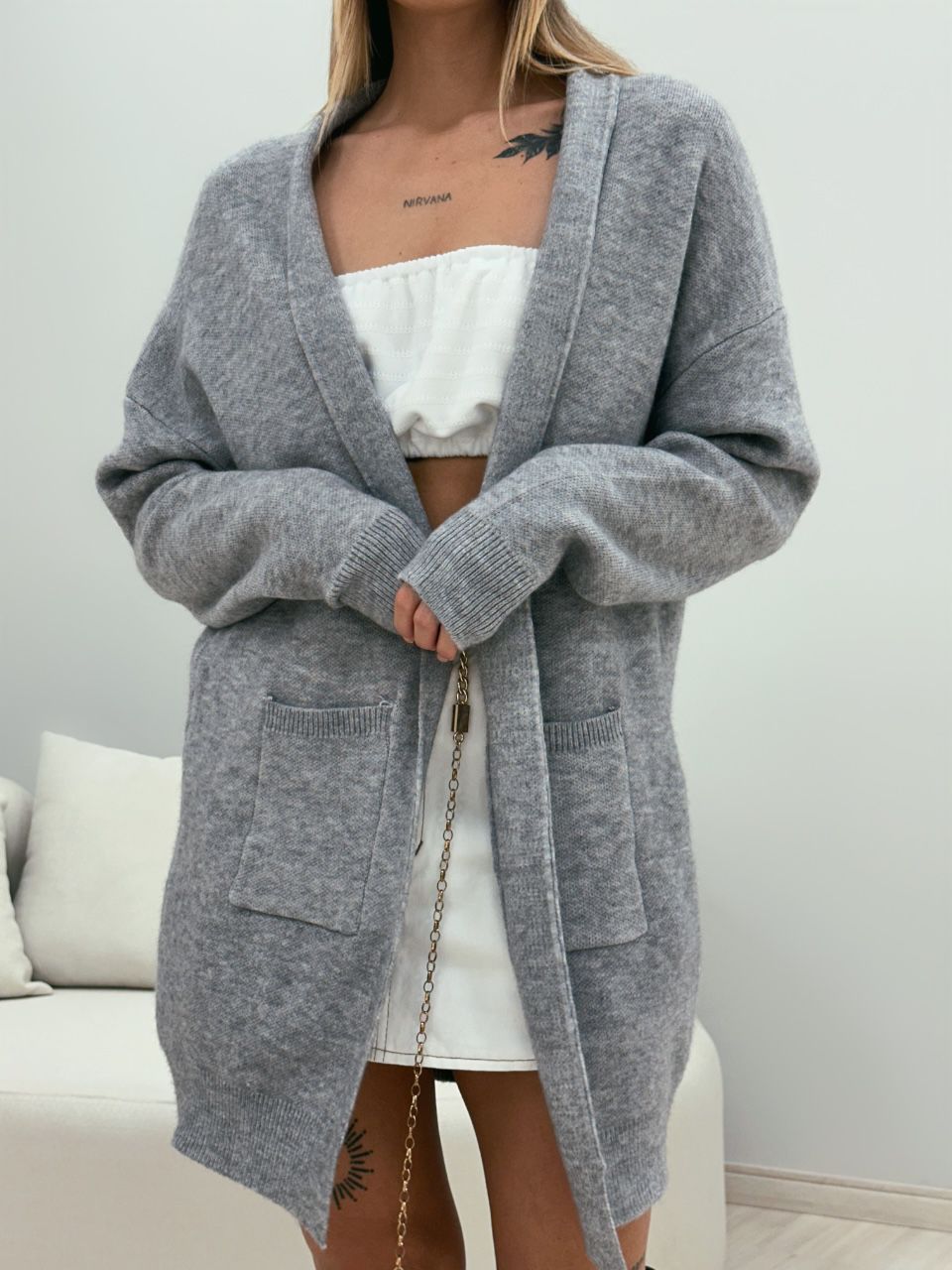CARDIGAN OVER TRICOT CINZA