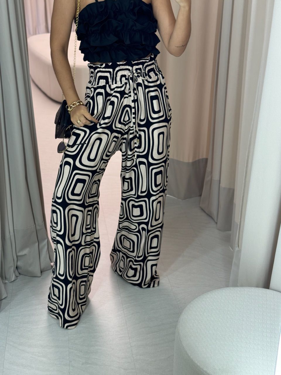CALÇA MARY 06 ESTAMPADA PRETA/NUDE