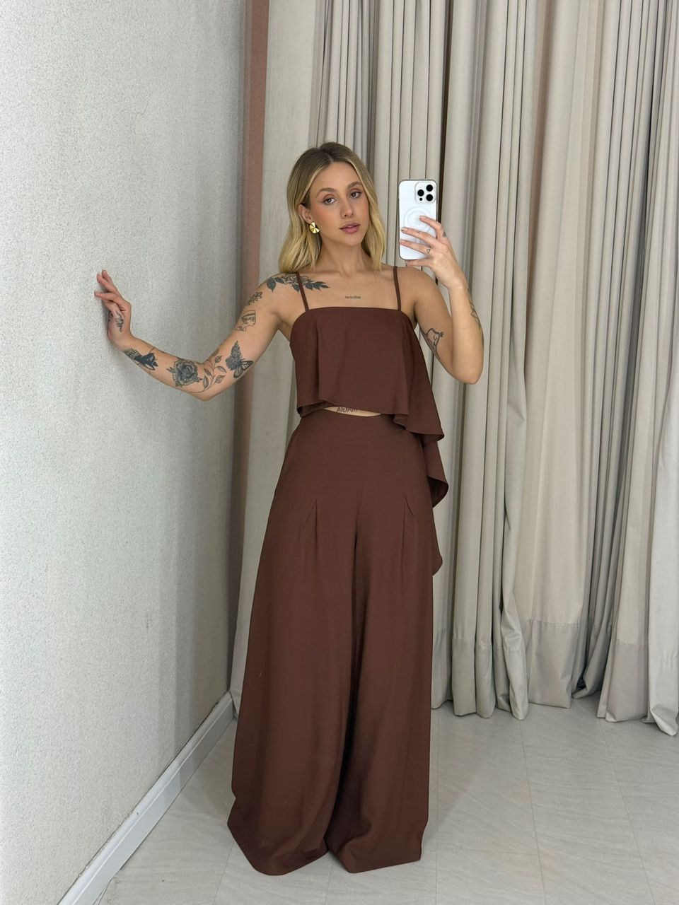 CONJUNTO RAQUEL CROPPED CALÇA MARROM