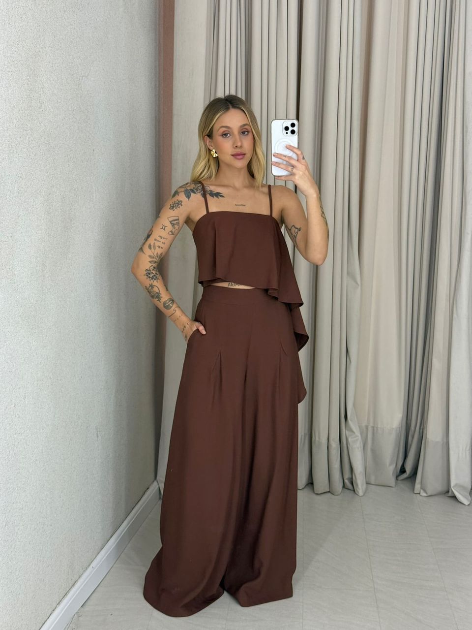 CONJUNTO RAQUEL CROPPED CALÇA MARROM - 0063590054 - CAROLLA FERRARO