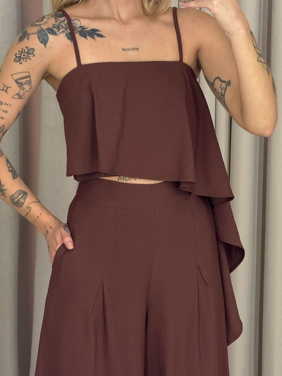 CONJUNTO RAQUEL CROPPED CALÇA MARROM
