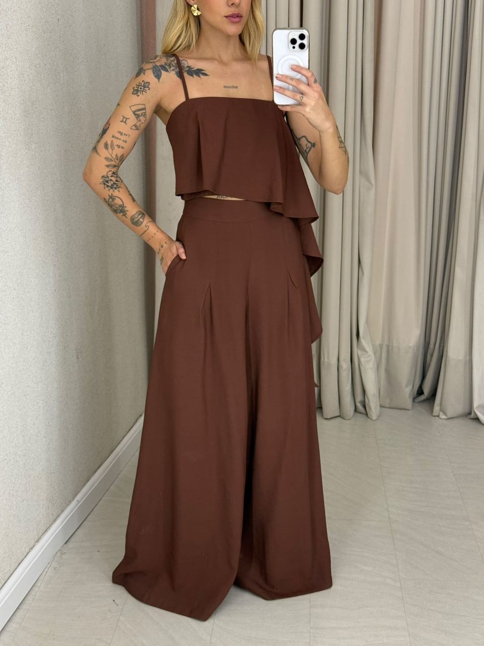 CONJUNTO RAQUEL CROPPED CALÇA MARROM