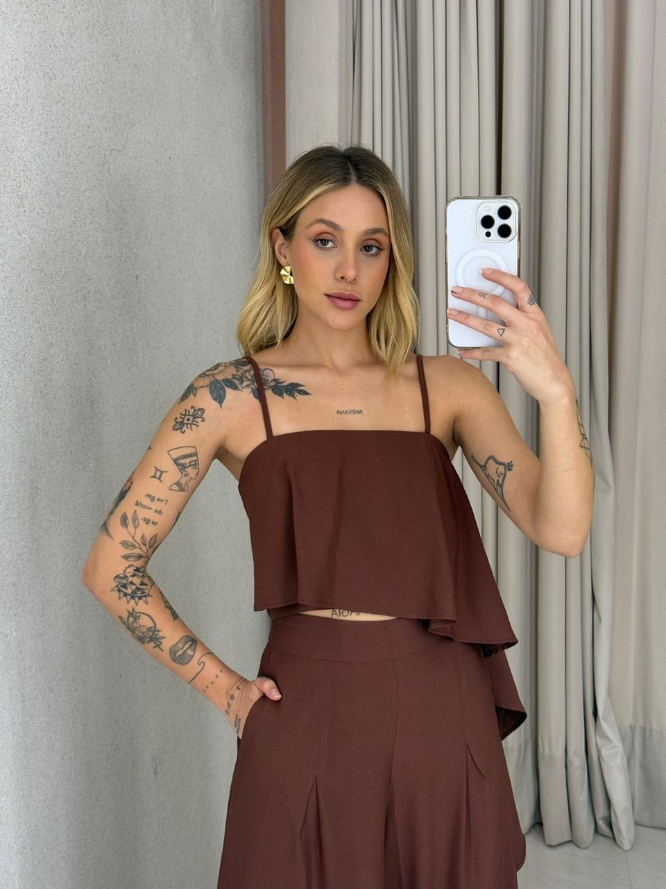CONJUNTO RAQUEL CROPPED CALÇA MARROM