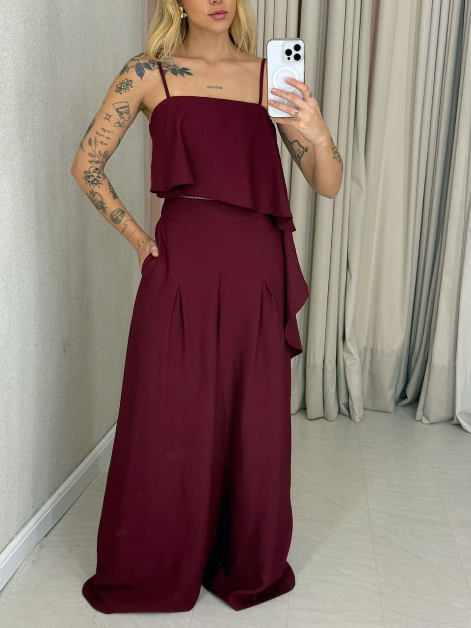 CONJUNTO RAQUEL CROPPED CALÇA VINHO
