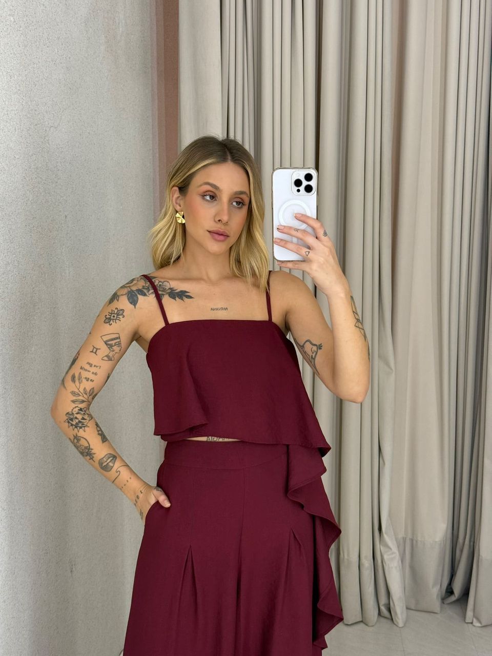 CONJUNTO RAQUEL CROPPED CALÇA VINHO