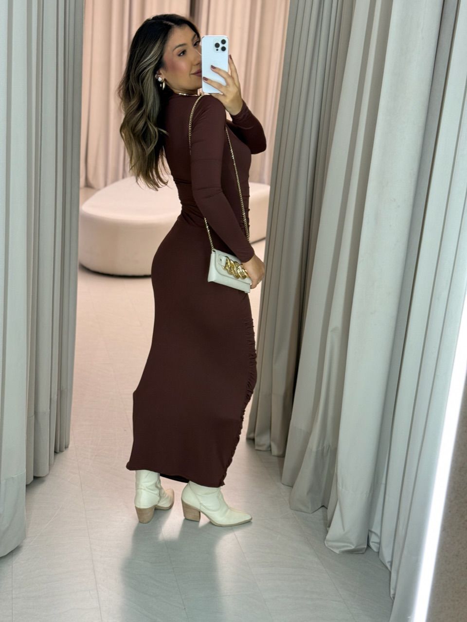 VESTIDO CRIS CF MIDI FRANZIDO MARROM