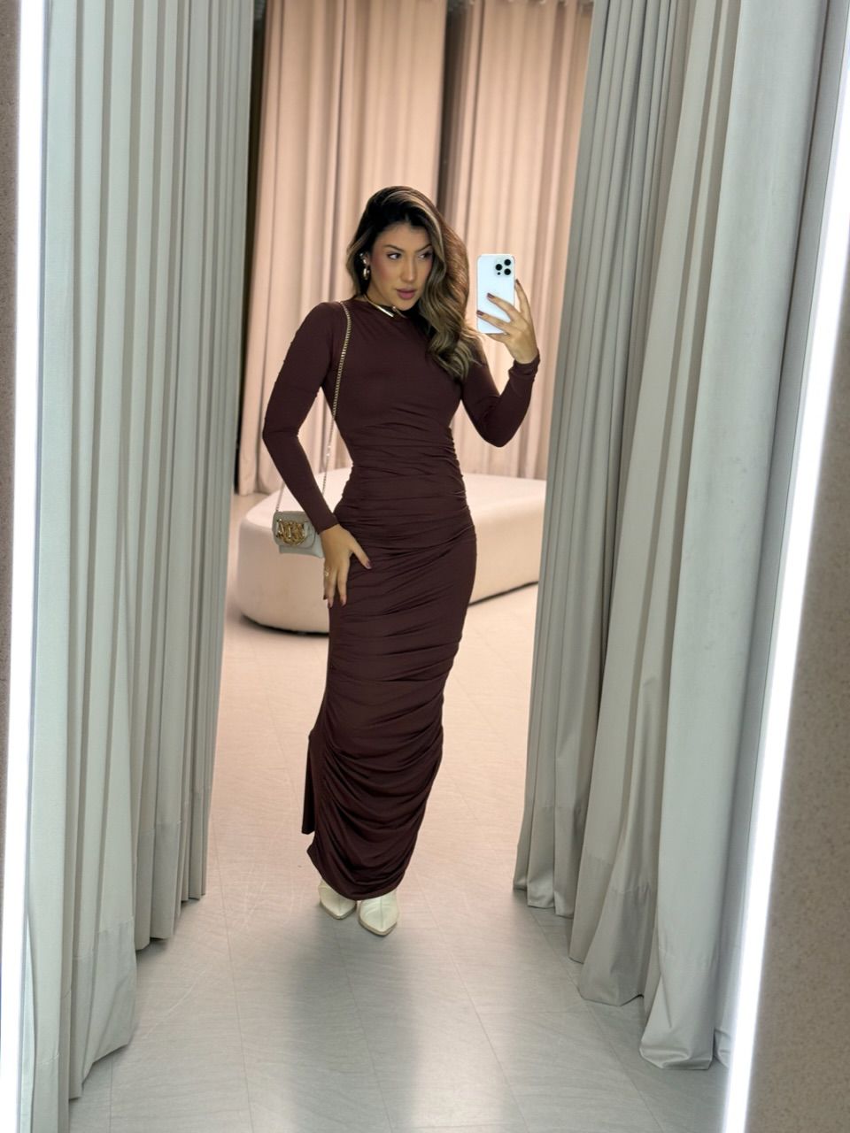 VESTIDO CRIS CF MIDI FRANZIDO MARROM