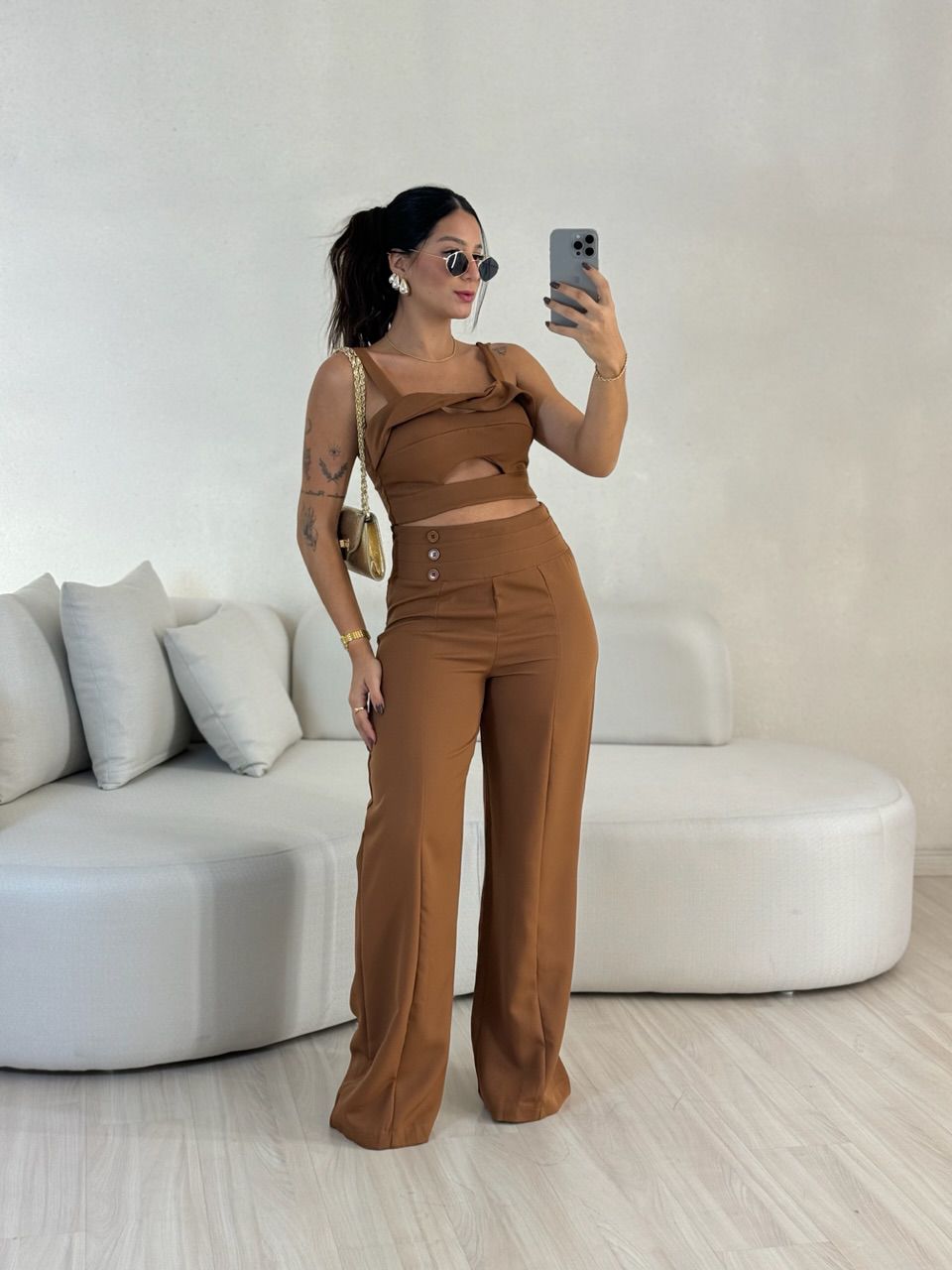 CONJUNTO ELIS CALÇA CROPPED MARROM