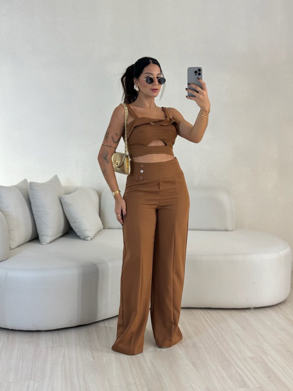 CONJUNTO ELIS CALÇA CROPPED MARROM