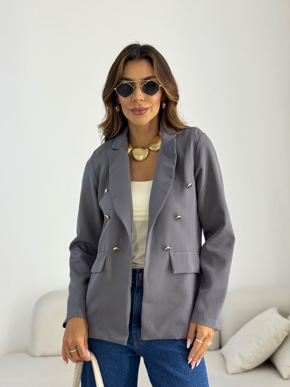 BLAZER AMANDA BOTÕES CINZA - 0069530091 - CAROLLA FERRARO