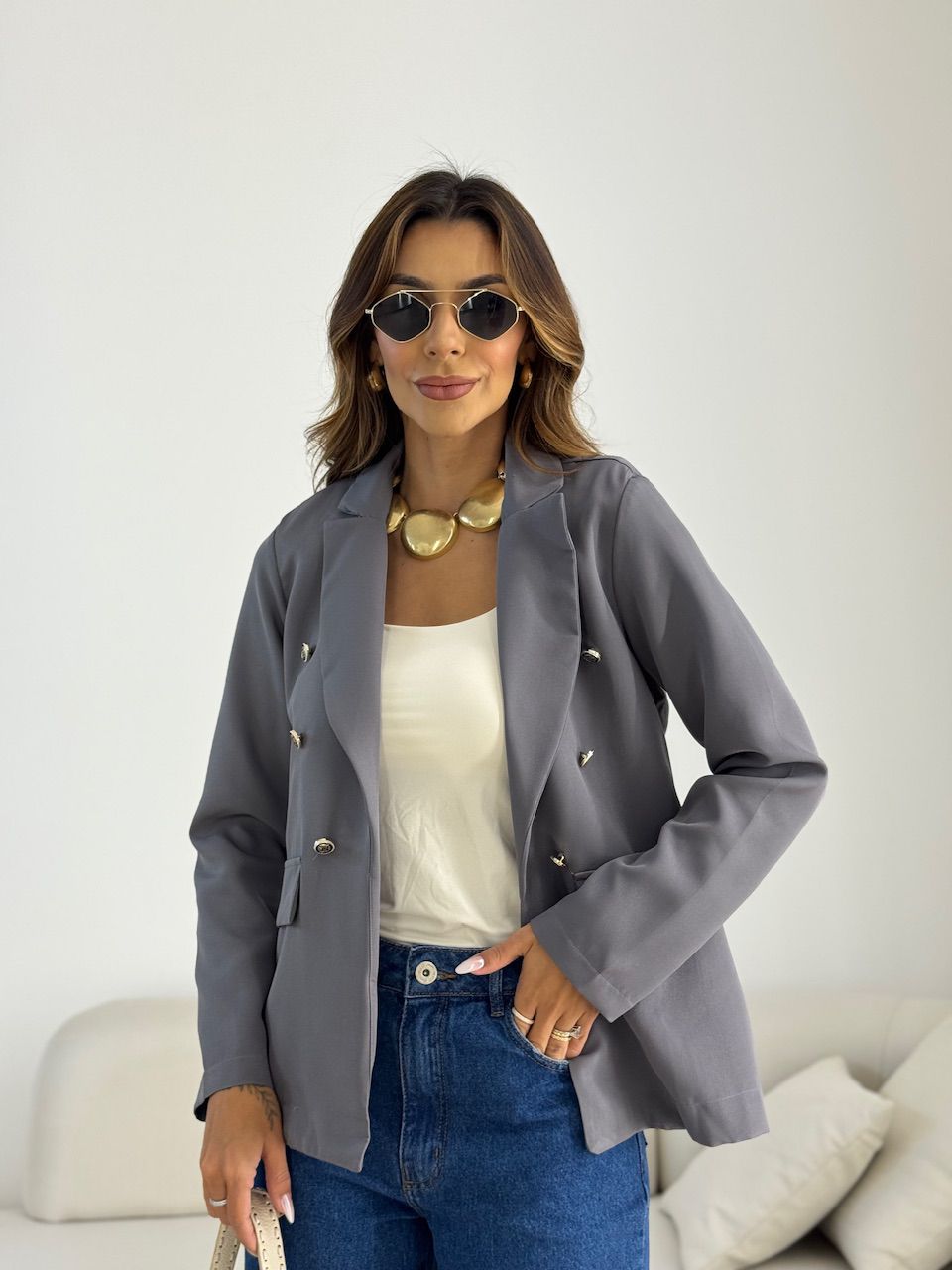 BLAZER AMANDA BOTÕES CINZA