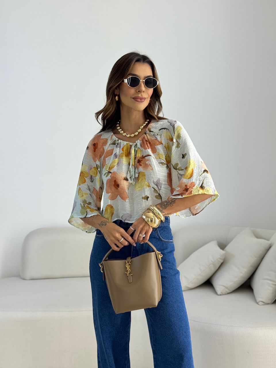 BLUSA ISABELA FLORES AMARELA - 0069580112 - CAROLLA FERRARO