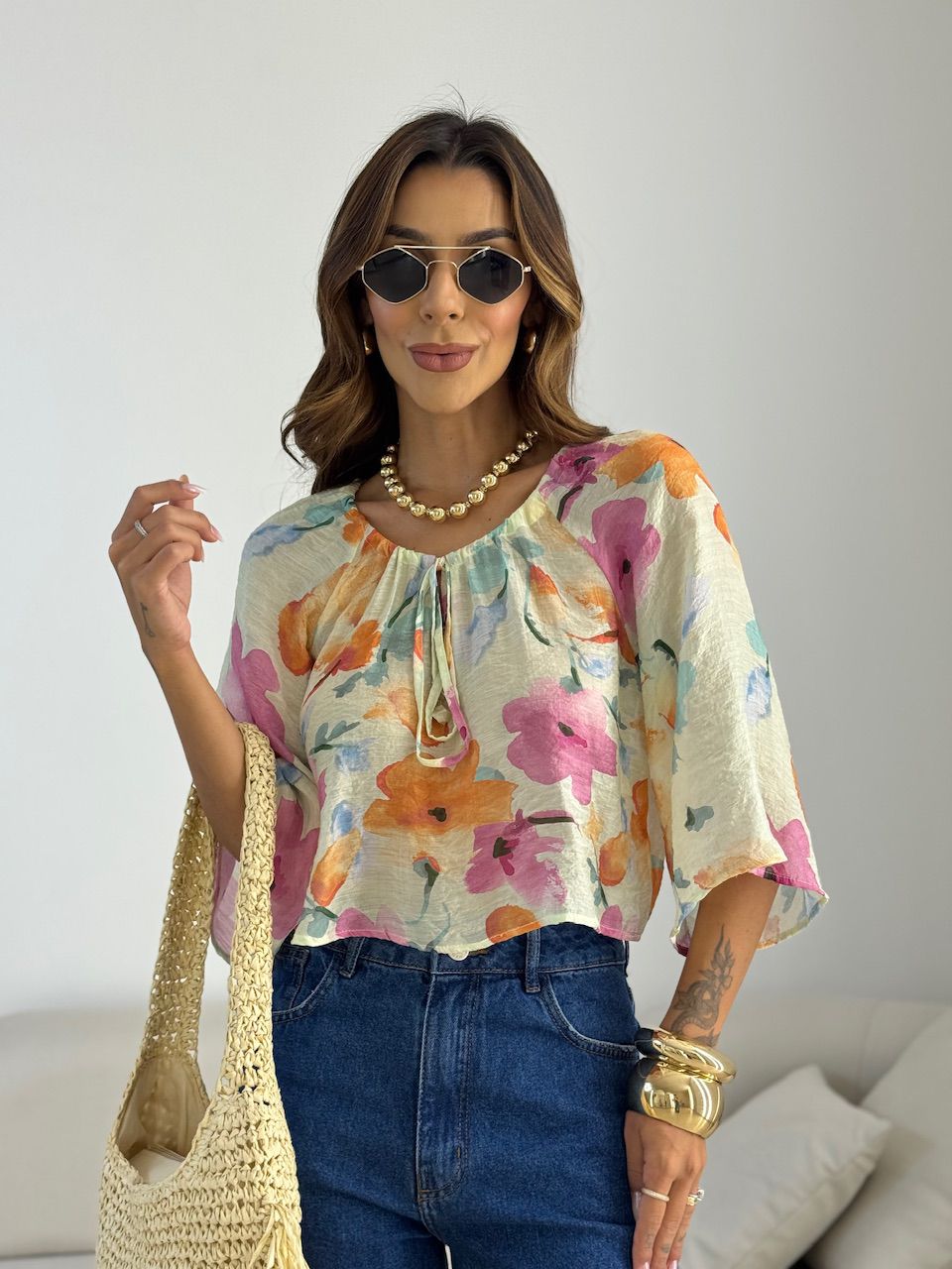 BLUSA ISABELA FLORES ROSA - 0069580031 - CAROLLA FERRARO