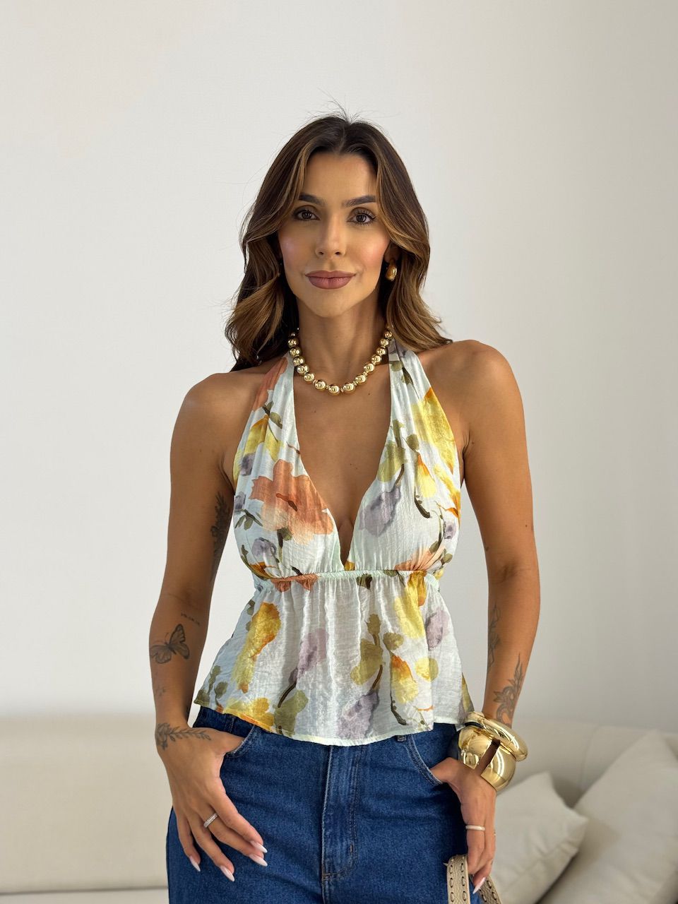 BLUSA PAOLA FLORES AMARELA