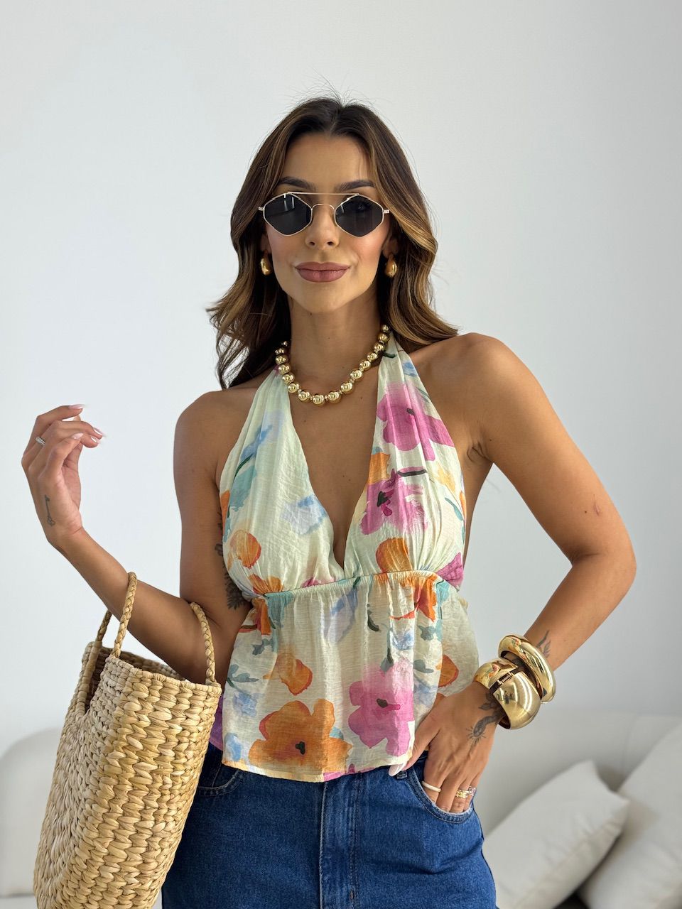 BLUSA PAOLA FLORES ROSA - 0069570031 - CAROLLA FERRARO