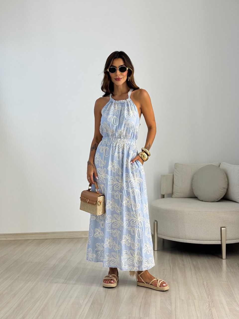 VESTIDO LILIAN BORDADO AZUL - 0069610109 - CAROLLA FERRARO