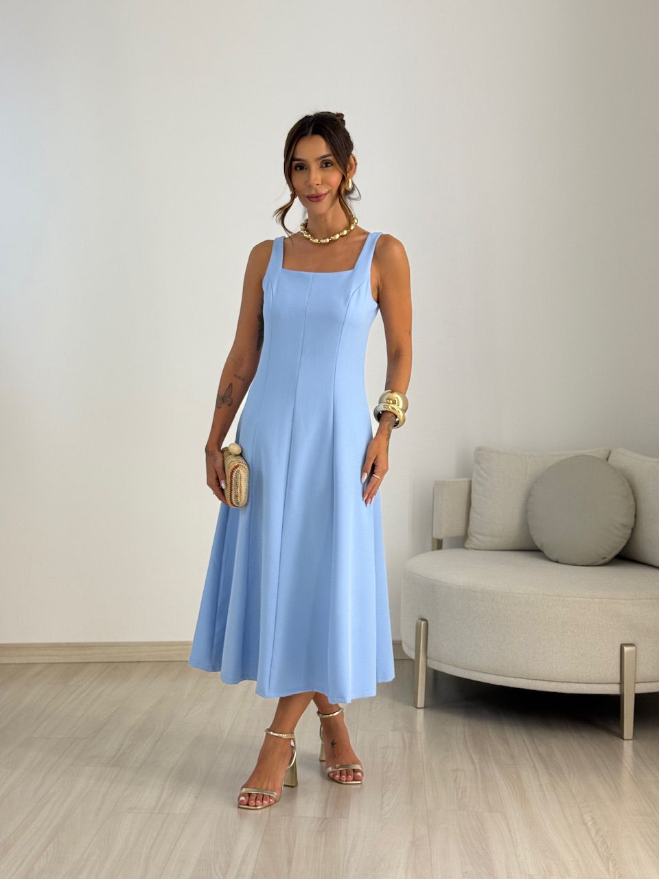 VESTIDO MAFER DECOTE QUADRADO AZUL - 0069430109 - CAROLLA FERRARO