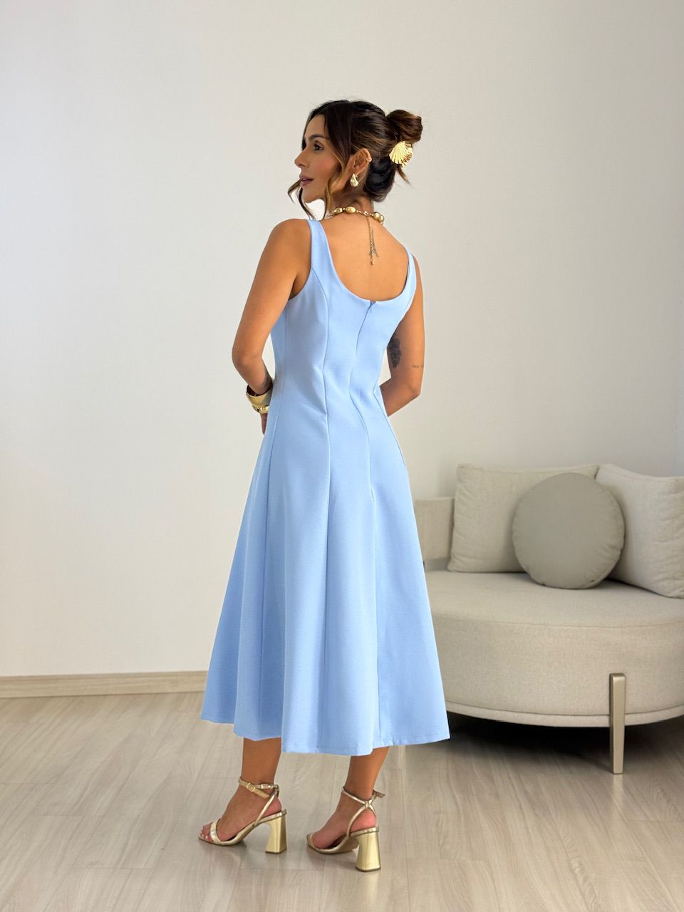 VESTIDO MAFER DECOTE QUADRADO AZUL