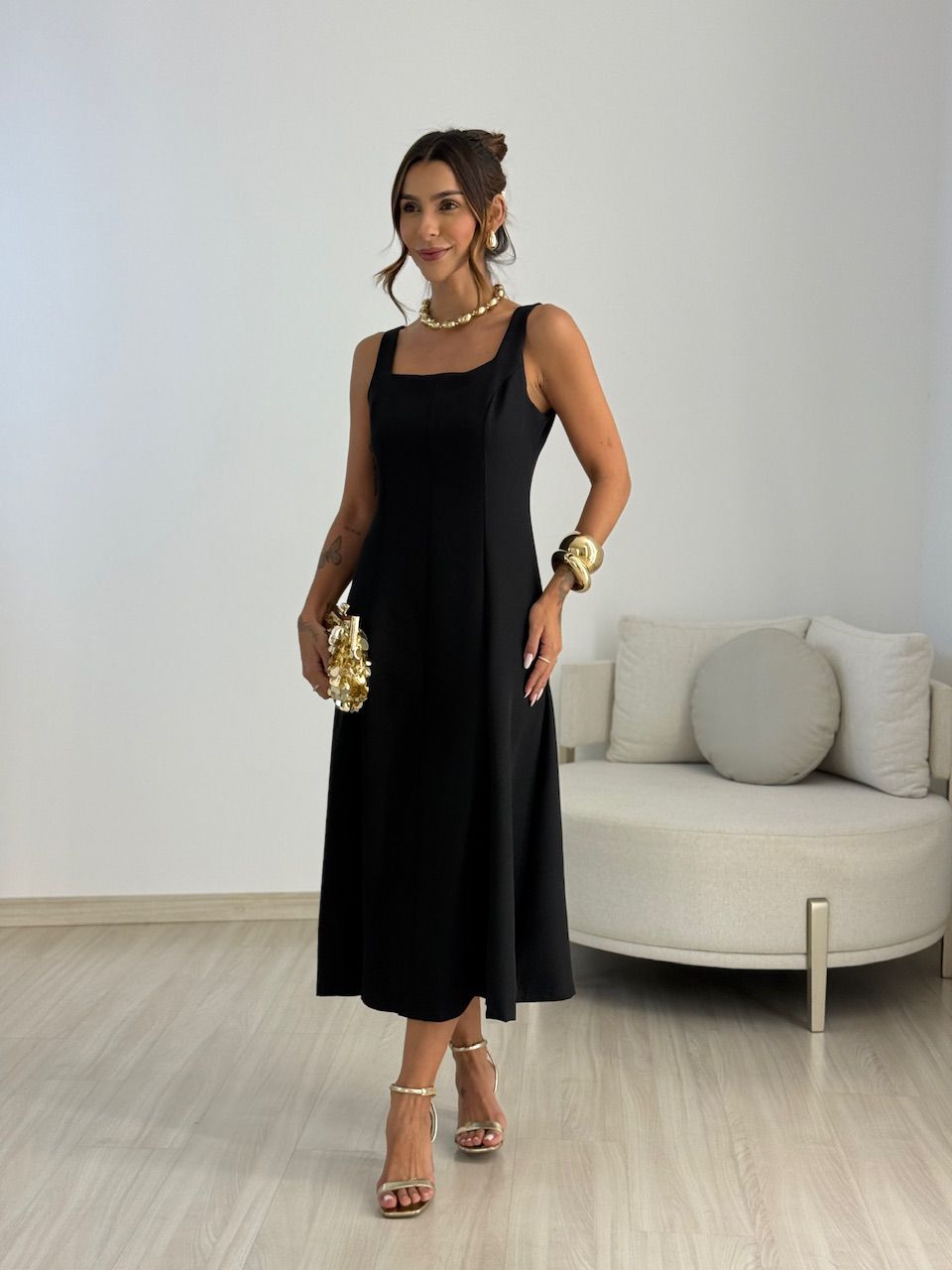 VESTIDO MAFER DECOTE QUADRADO PRETO - 0069430032 - CAROLLA FERRARO