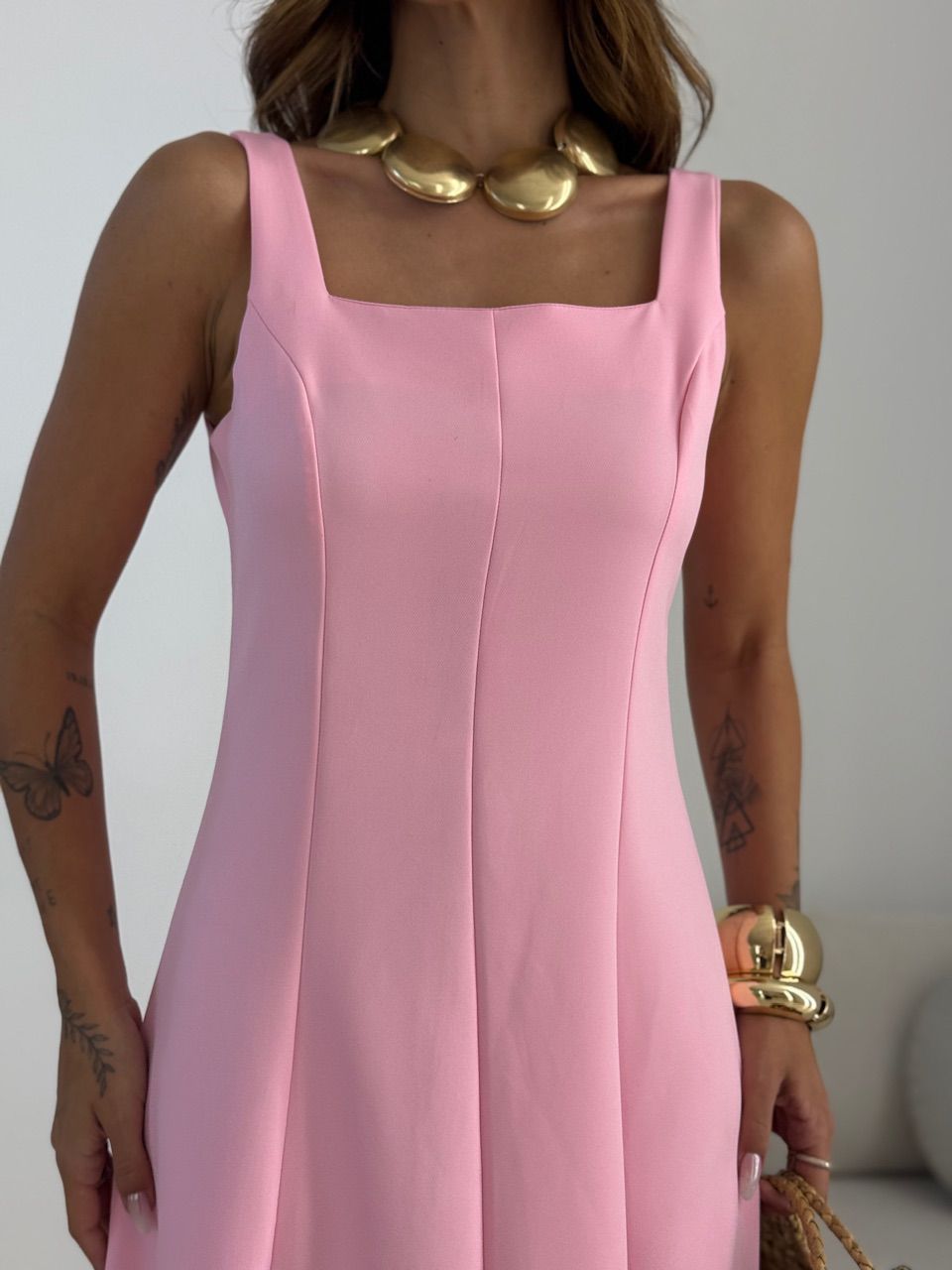 VESTIDO MAFER DECOTE QUADRADO ROSA