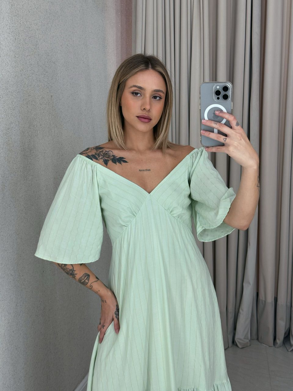 VESTIDO CINDY MANGA MIDI BABY GREEN