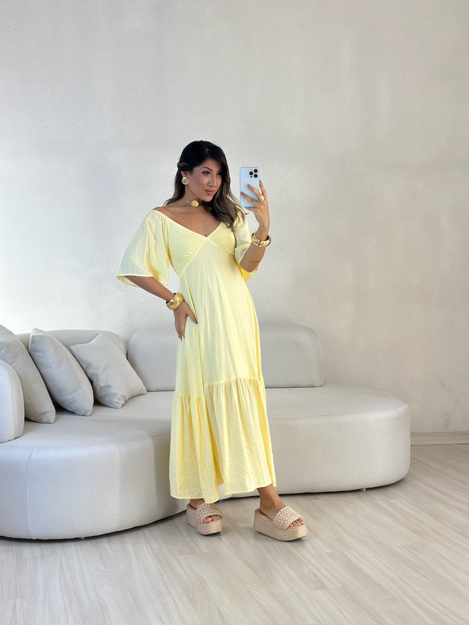 VESTIDO CINDY MANGA MIDI YELLOW BUTTER - 005769037 - CAROLLA FERRARO