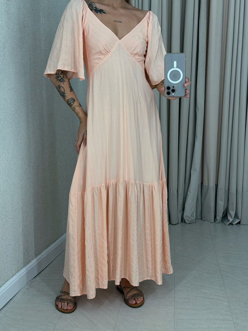 VESTIDO CINDY MANGA MIDI PÊSSEGO