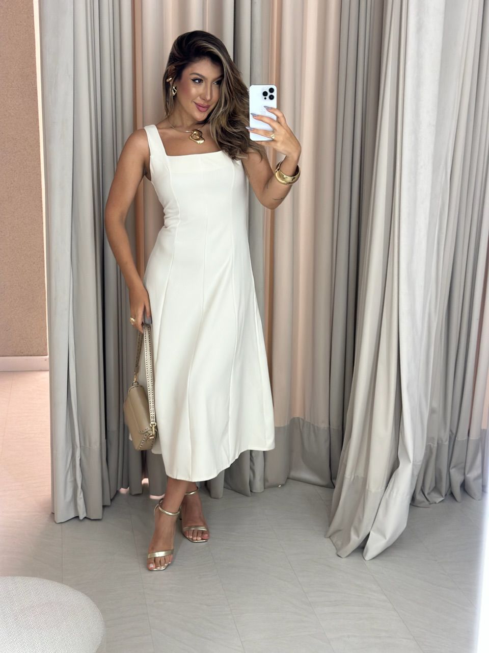 VESTIDO CAROLINE MIDI Areia - 0059920110 - CAROLLA FERRARO