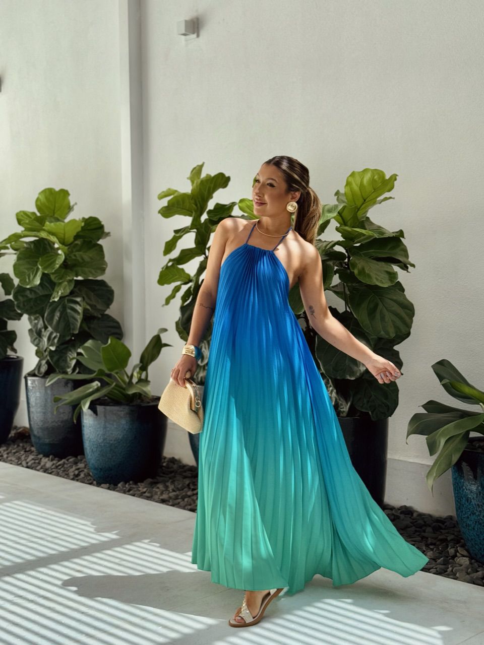 VESTIDO SANTORINI PLISSADO azul