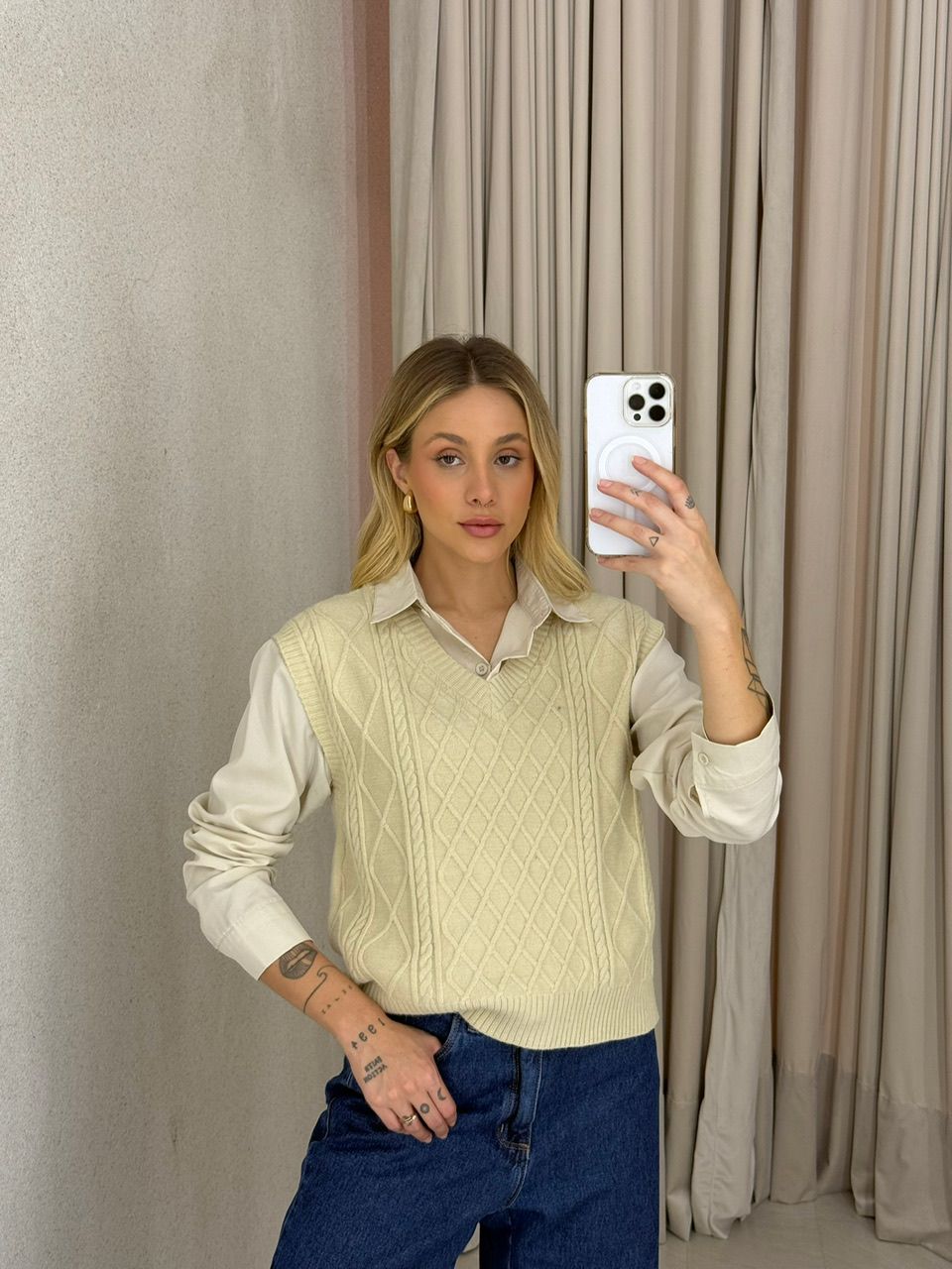 CAMISA JUDITE CARDIGAN AREIA - 0063700110 - CAROLLA FERRARO