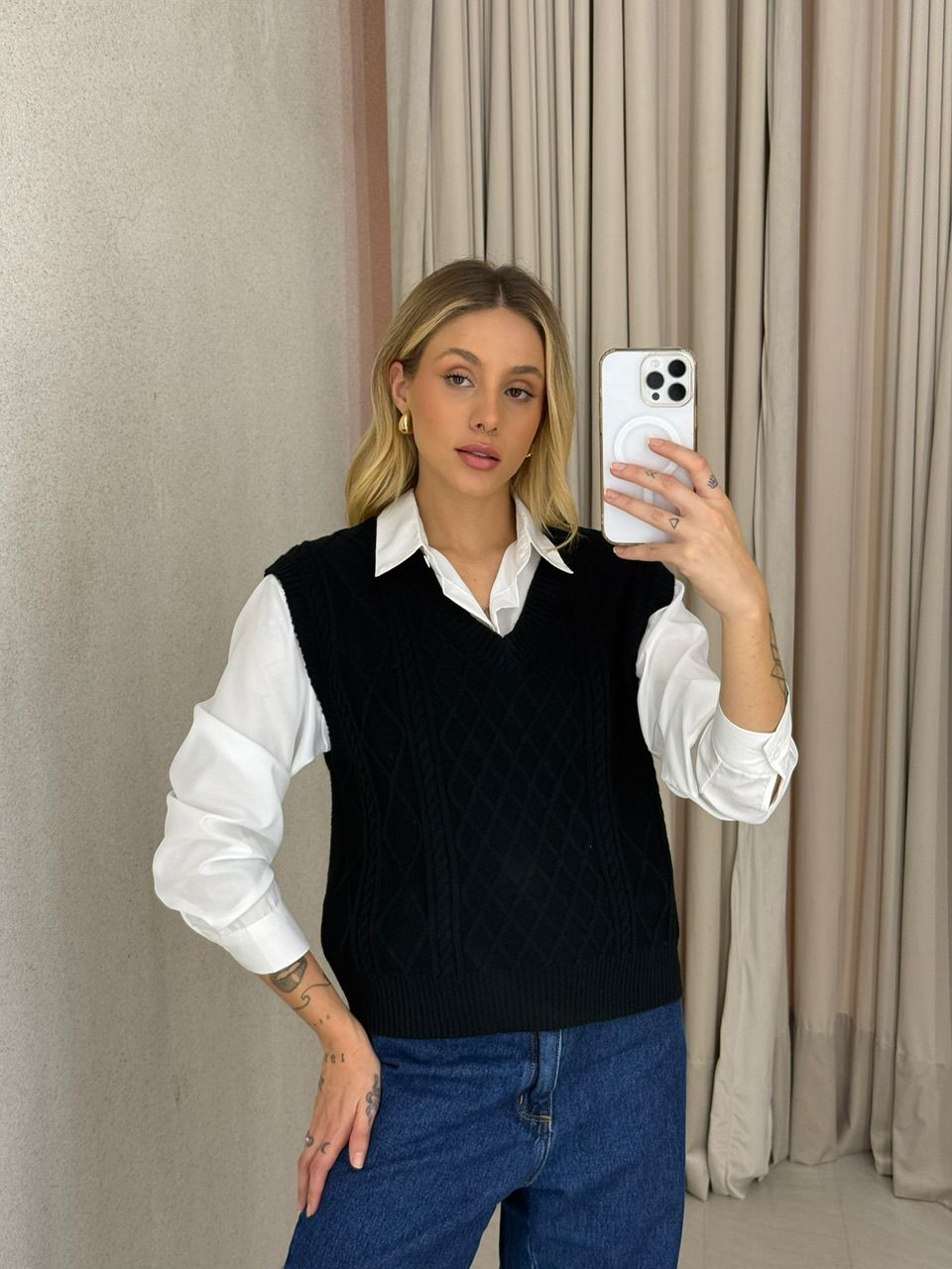 CAMISA JUDITE CARDIGAN PRETO/OFF - 0063700256 - CAROLLA FERRARO