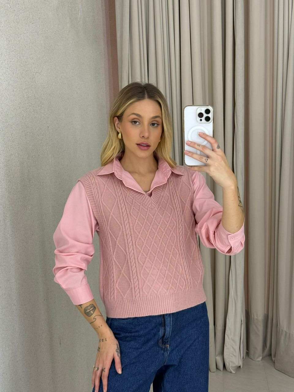 CAMISA JUDITE CARDIGAN ROSA - 0063700031 - CAROLLA FERRARO