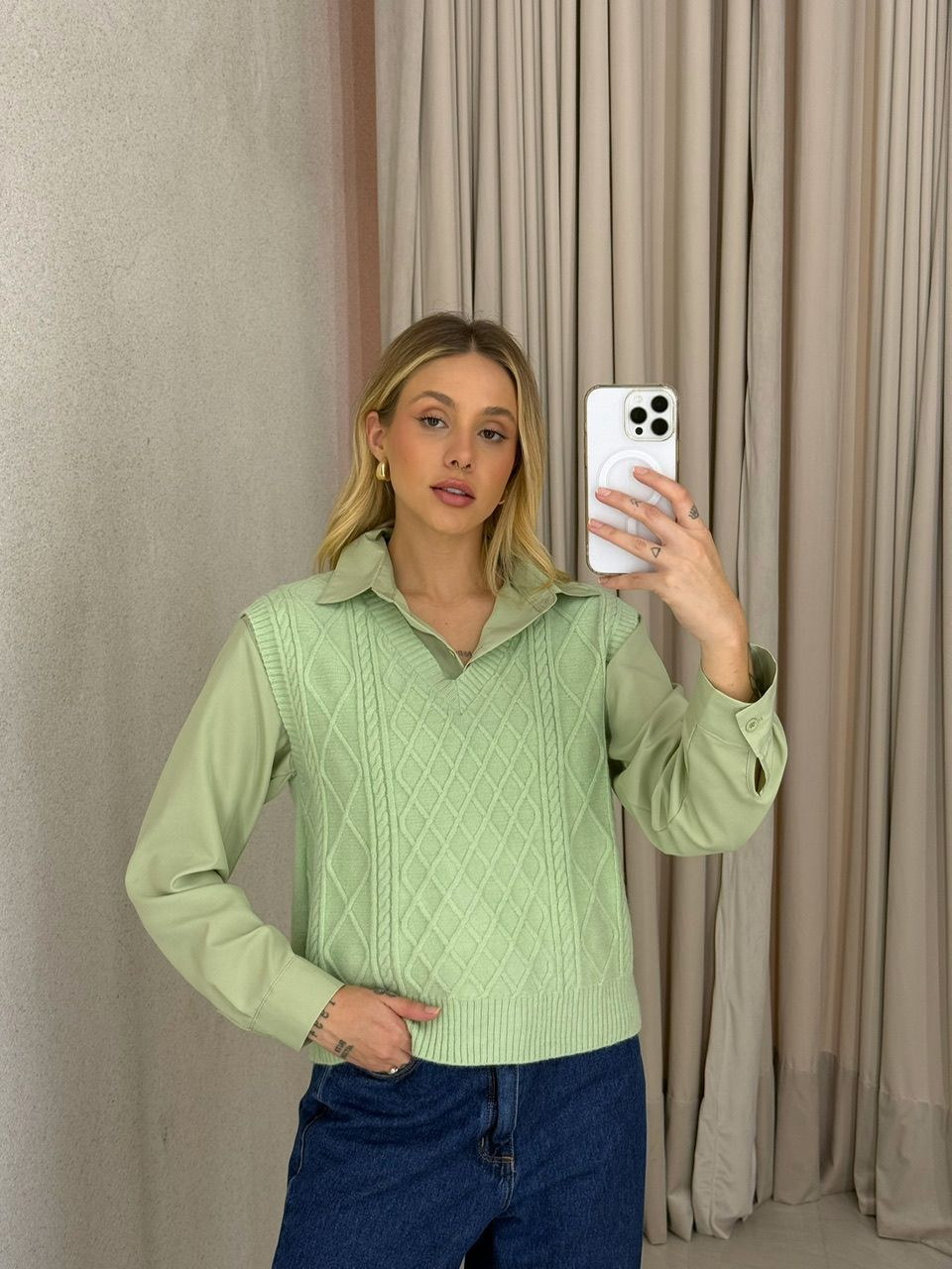 CAMISA JUDITE CARDIGAN VERDE - 0063700014 - CAROLLA FERRARO