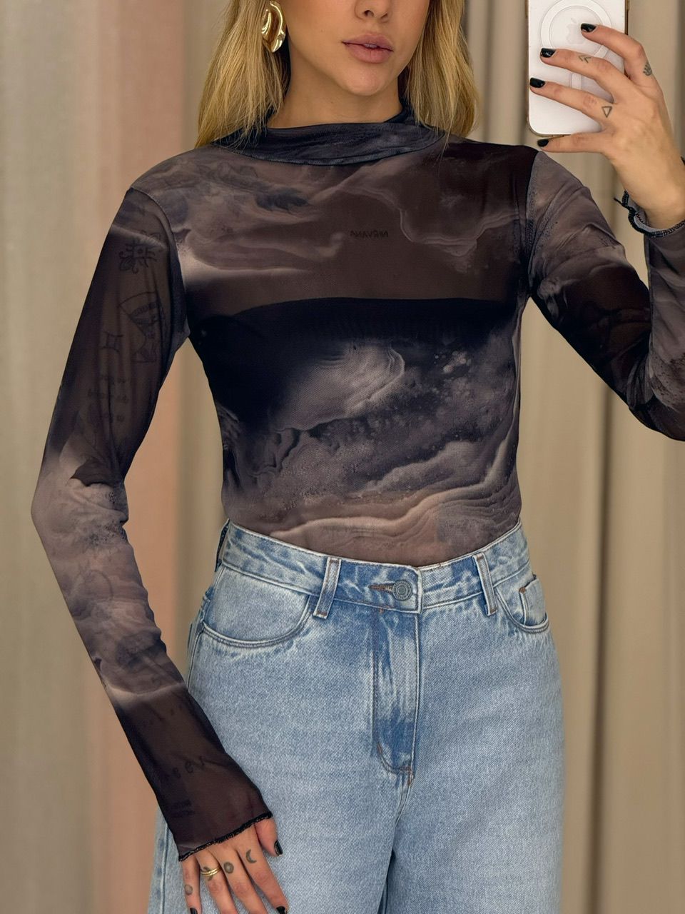 BLUSA BRIGIDA TULE CINZA ESTAMPADO