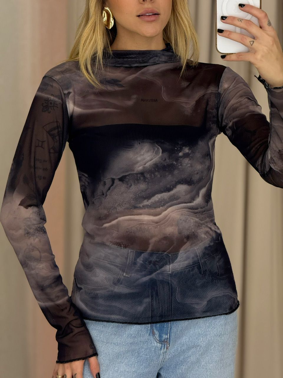 BLUSA BRIGIDA TULE CINZA ESTAMPADO