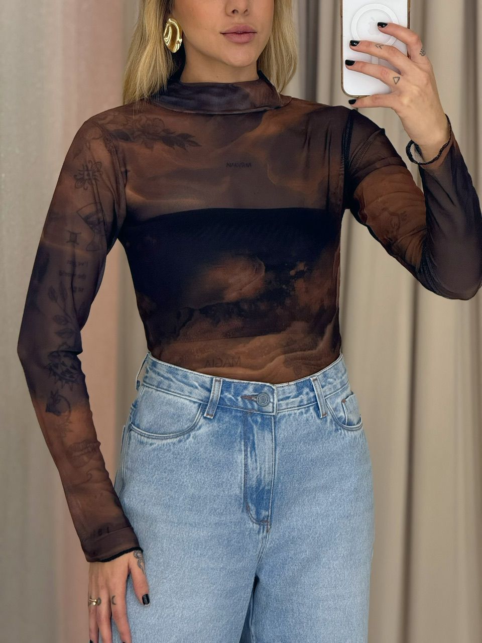 BLUSA BRIGIDA TULE MARROM ESTAMPADO