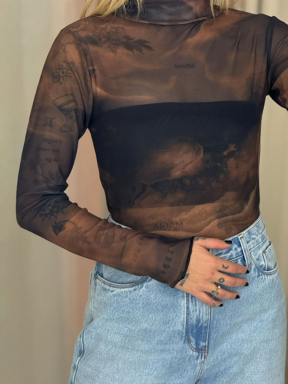 BLUSA BRIGIDA TULE MARROM ESTAMPADO