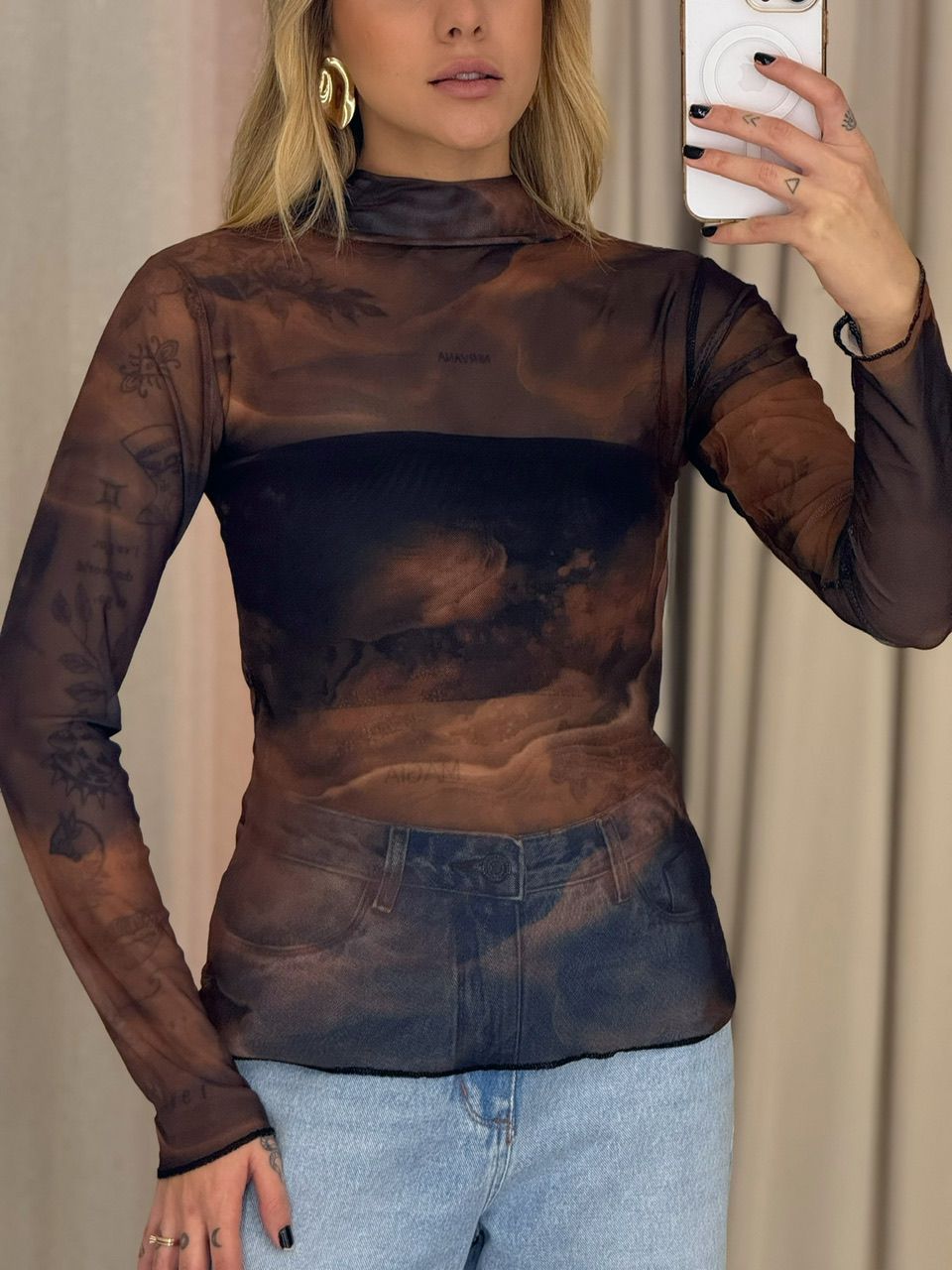 BLUSA BRIGIDA TULE MARROM ESTAMPADO