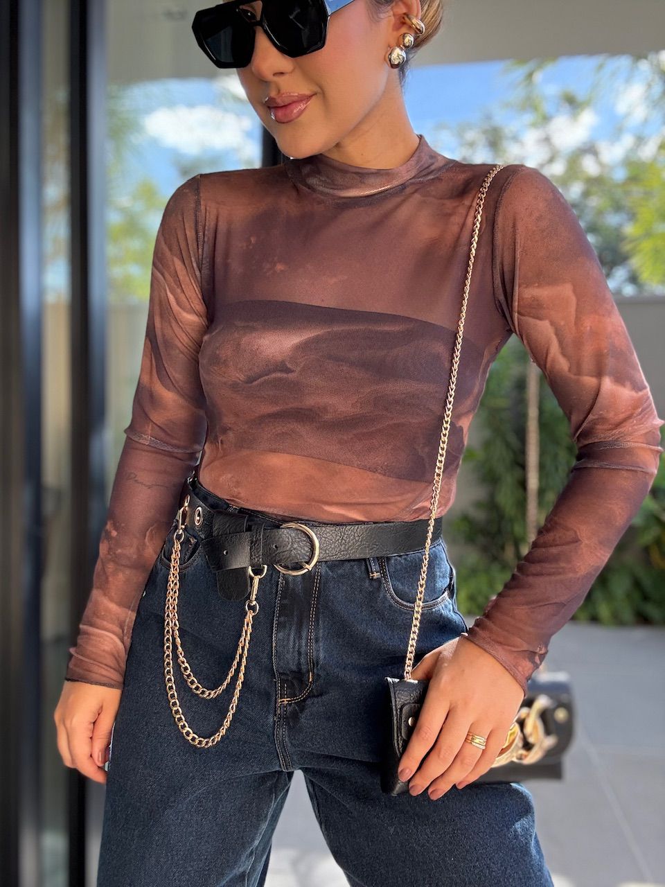 BLUSA BRIGIDA TULE MARROM ESTAMPADO - 0066010428 - CAROLLA FERRARO