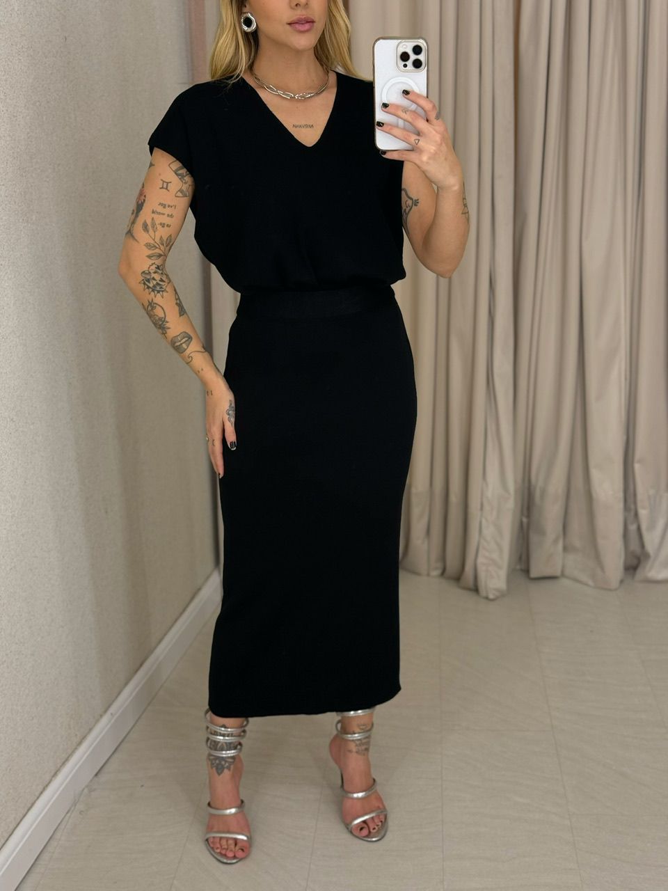 CONJUNTO FLORA TRICOT PRETO