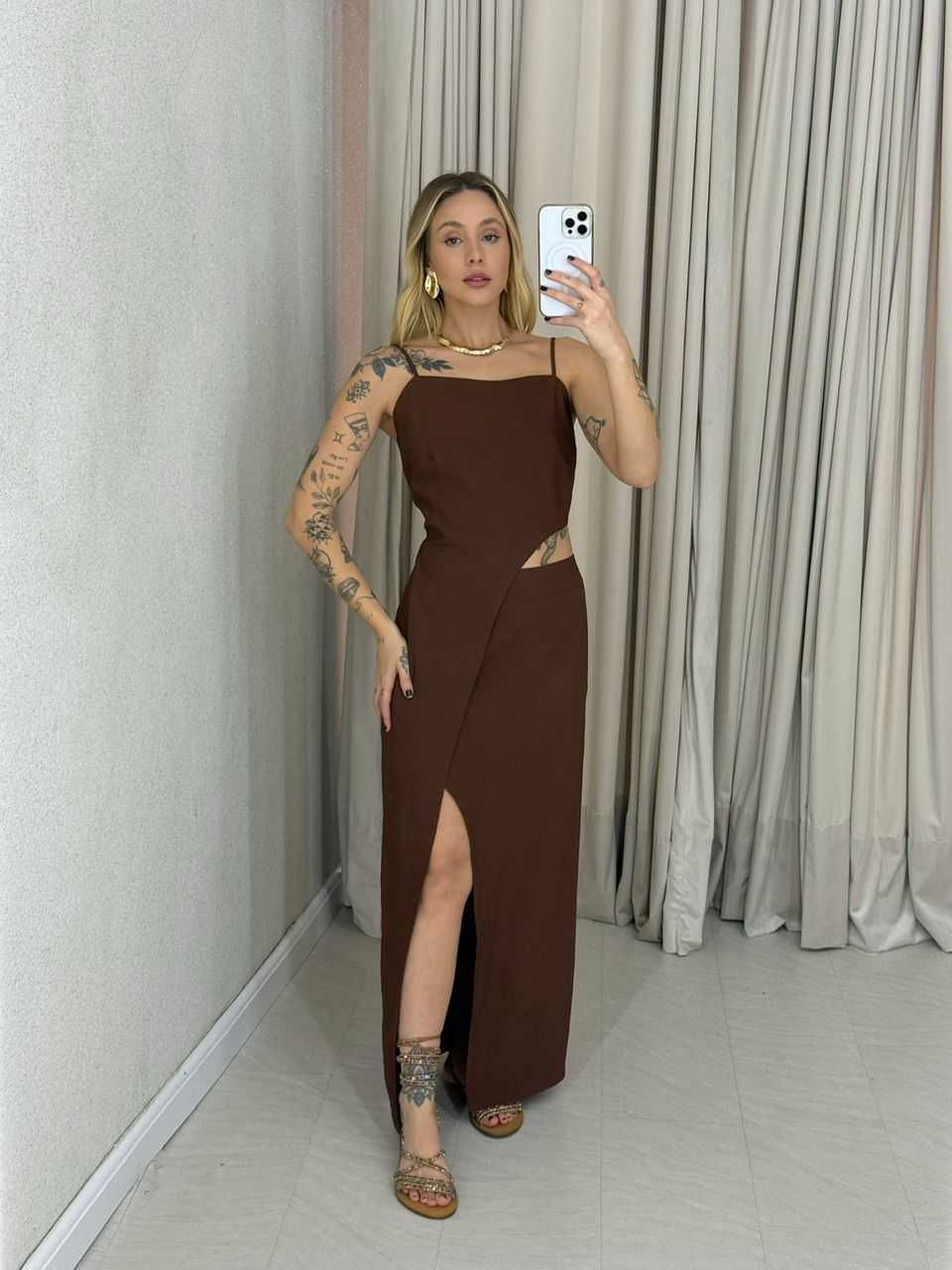 VESTIDO MARIA LUIZA ALÇA MARROM